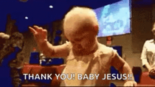 A Baby Is Dancing In A Church And Saying Thank You Baby Jesus GIF