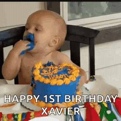 A Baby Is Eating A Birthday Cake With The Words Happy 1St Birthday Xavier Written On It GIF