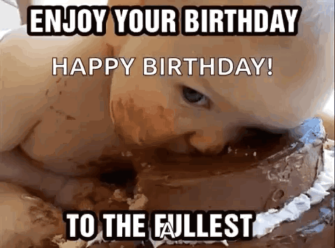 A Baby Is Eating A Chocolate Birthday Cake With The Words `` Enjoy Your Birthday Happy Birthday To The Fullest '' Writte GIF