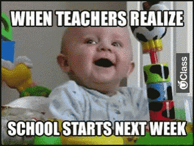 A Baby Is Holding A Stack Of Blocks With A Caption That Says When Teachers Realize School Starts Next Week GIF