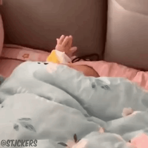 A Baby Is Laying On A Bed With A Blue Blanket And A Pink Pillow . GIF