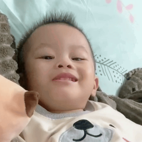A Baby Is Laying On A Bed With A Stuffed Animal . GIF