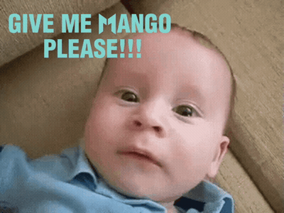 A Baby Is Laying On A Couch With The Words Give Me Mango Please Written Above Him GIF