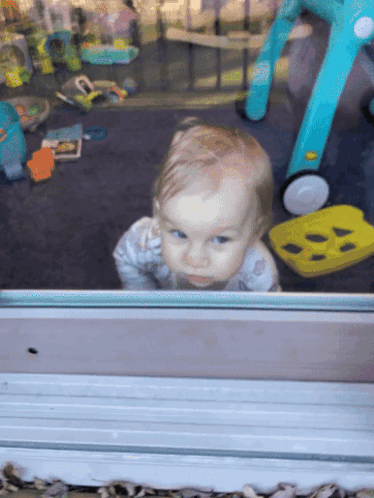 A Baby Is Looking Out A Window At Toys GIF