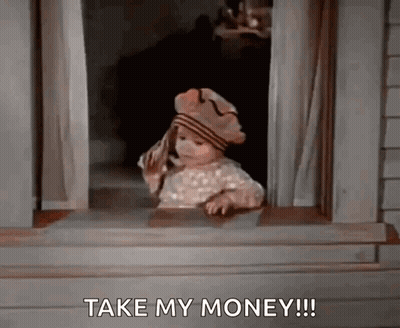 A Baby Is Looking Out Of A Window With The Words Take My Money . GIF