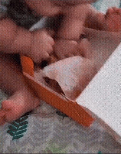 A Baby Is Playing With A Box Of Food On A Bed . GIF