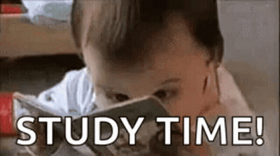 A Baby Is Reading A Book With The Words `` Study Time '' Written On The Bottom . GIF