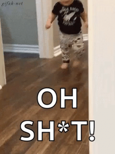 A Baby Is Running Down A Hallway With The Words Oh Shit Written On The Floor . GIF