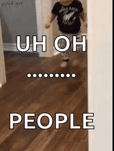 A Baby Is Running Down A Hallway With The Words `` Uh Oh People '' Written On The Floor . GIF