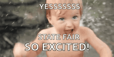 A Baby Is Running In The Water With The Words " Yesssss State Fair So Excited " Written On The Bottom GIF