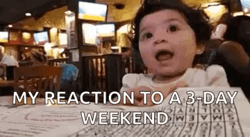 A Baby Is Sitting At A Table In A Restaurant With The Words `` My Reaction To A 3-Day Weekend '' . GIF