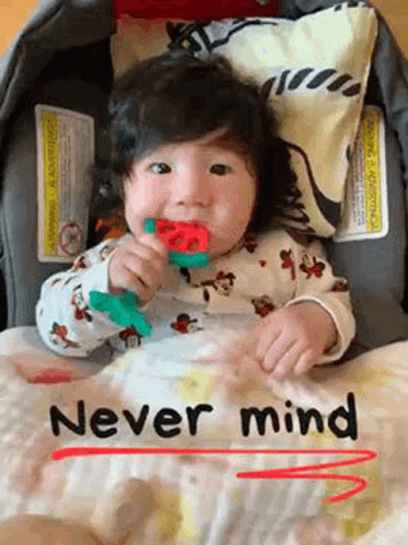 A Baby Is Sitting In A Car Seat Eating A Toy And The Words Never Mind Are Next To It . GIF