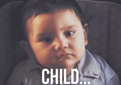 A Baby Is Sitting In A Car Seat With The Word Child Written Above Him GIF