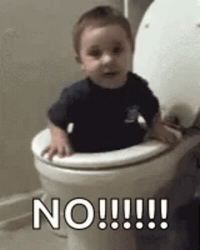 A Baby Is Sitting In A Toilet With The Word No Written On It . GIF