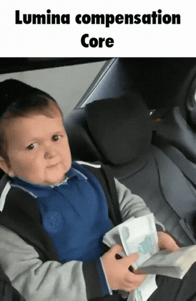 A Baby Is Sitting In The Back Seat Of A Car Holding A Bunch Of Money And The Caption Lumina Compensation Core GIF