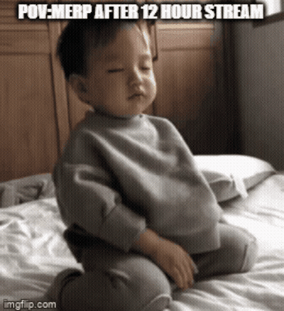 A Baby Is Sitting On A Bed With The Caption " Pov Merp After 12 Hour Stream " On The Bottom GIF