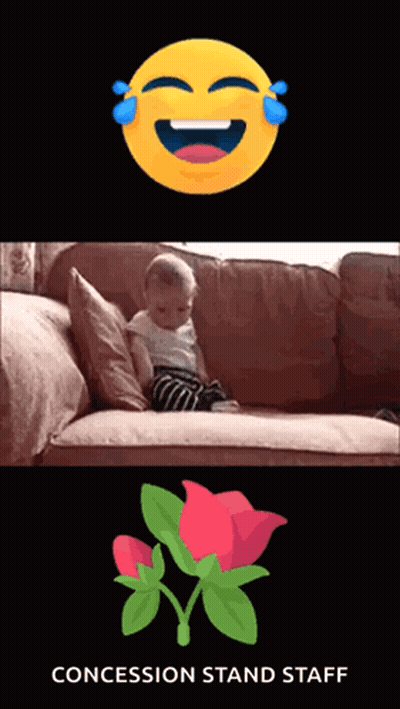 A Baby Is Sitting On A Couch Next To A Flower With The Words Concession Stand Staff Below It GIF