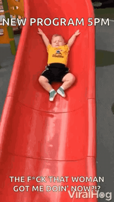 A Baby Is Sliding Down A Red Slide With The Words " New Program 5Pm " On The Bottom . GIF