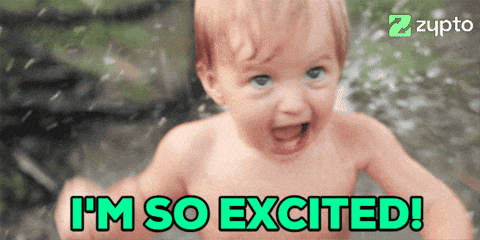 A Baby Is Smiling With The Words I 'M So Excited GIF