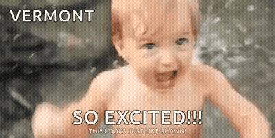 A Baby Is Swimming In A Pool With The Words `` Vermont So Excited '' Written On It . GIF