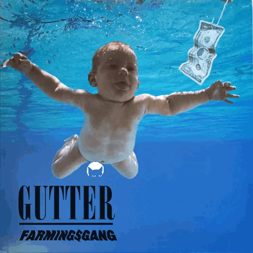 A Baby Is Swimming In The Water With A Dollar Bill Hanging From His Mouth GIF
