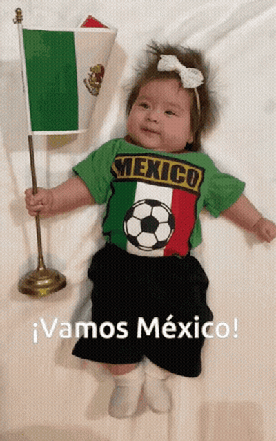 A Baby Is Wearing A Mexico Shirt And Holding A Small Mexican Flag GIF