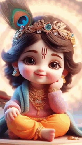 A Baby Krishna With A Peacock Feather On His Head GIF
