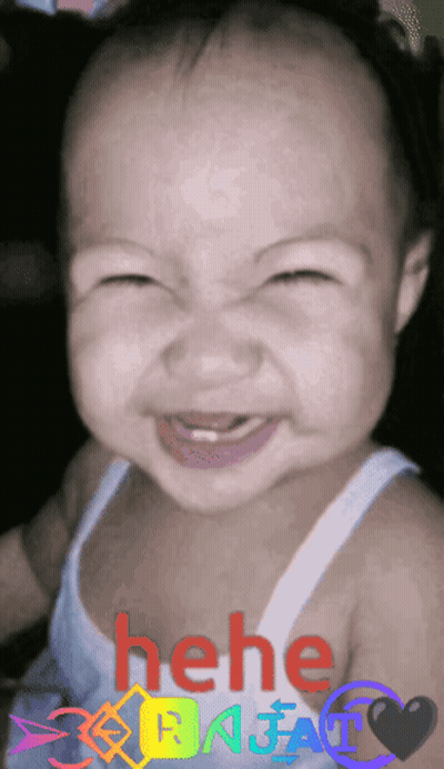 A Baby Making A Funny Face With The Words " He He Baja " Written On The Bottom GIF