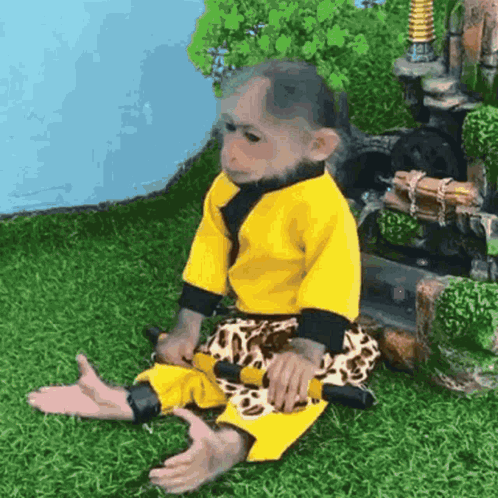 A Baby Monkey Wearing A Yellow Shirt And Leopard Print Pants Is Sitting On The Grass Playing With A Toy . GIF