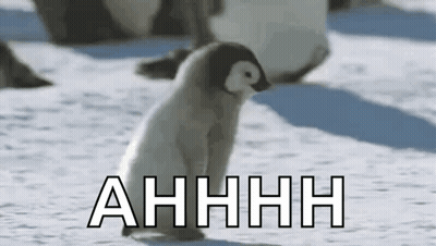 A Baby Penguin Is Standing In The Snow With The Word Ahhhh Written Above It . GIF