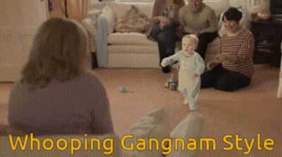 A Baby Walking In A Living Room With The Words Whooping Gangnam Style GIF
