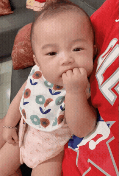 A Baby Wearing A Bib With Flowers On It Is Being Held By A Person Wearing A Red Shirt With The Letter L On It GIF