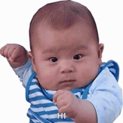 A Baby Wearing A Blue And White Striped Shirt Is Making A Fist And Saying Hi GIF