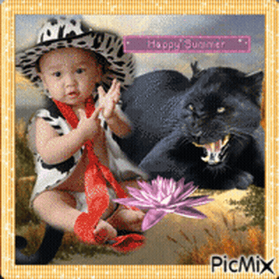 A Baby Wearing A Cowboy Hat Is Sitting Next To A Panther GIF