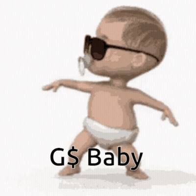 A Baby Wearing Sunglasses And A Pacifier Is Dancing With The Words G $ Baby Written Below Him GIF