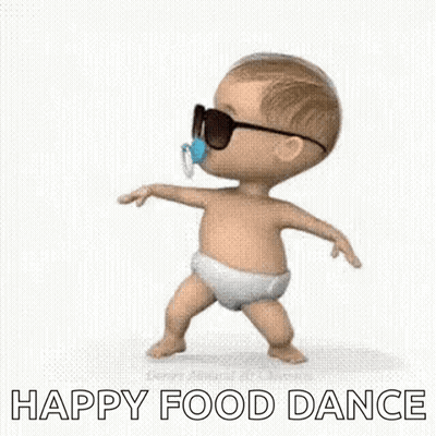 A Baby Wearing Sunglasses And A Pacifier Is Dancing With The Words `` Happy Food Dance '' Behind Him . GIF