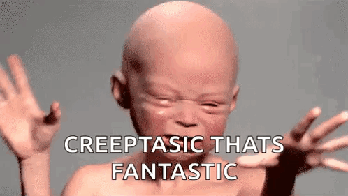 A Baby With A Bald Head Is Making A Funny Face With His Hands Up And The Words `` Creeptasic Thats Fantastic '' . GIF