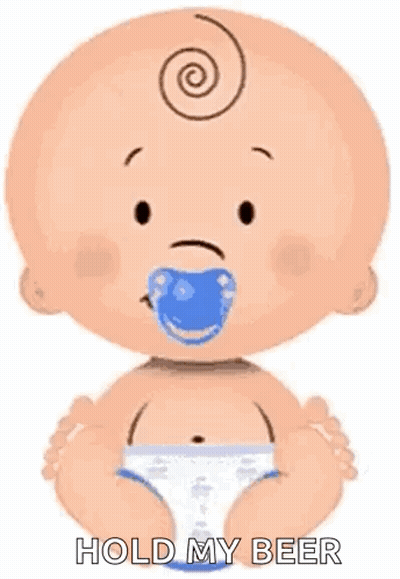 A Baby With A Pacifier In His Mouth Is Sitting Down And Holding A Beer . GIF