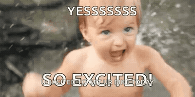 A Baby Without A Shirt Is Running In The Water With The Words So Excited . GIF