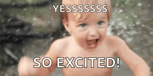 A Baby Without A Shirt Is Smiling In The Rain With The Words Yesssss So Excited Written Below Him . GIF