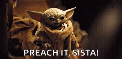 A Baby Yoda From Star Wars Is Holding Something In Its Mouth And Saying `` Preach It , Sista '' . GIF