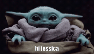 A Baby Yoda From Star Wars Is Wrapped In A Blanket And Saying Hi Jessica . GIF