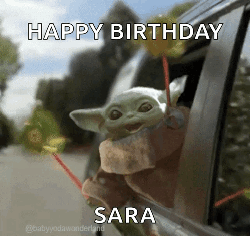 Baby Yoda Holding Straw Happy Birthday Sara GIF