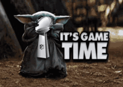 A Baby Yoda Holding A Super Bowl Trophy With The Words It 'S Game Time Behind Him GIF