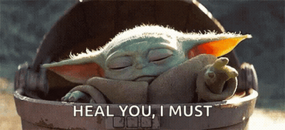 A Baby Yoda Is Sleeping In A Bucket With The Words `` Heal You , I Must '' Written On It . GIF
