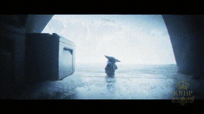 A Baby Yoda Is Standing On A Wet Floor In Front Of A Window . GIF