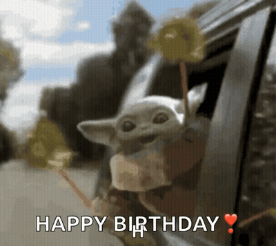 A Baby Yoda Is Sticking Its Head Out Of A Car Window With The Words Happy Birthday Below It GIF
