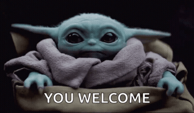 A Baby Yoda Is Wrapped In A Blanket And Says " You Welcome " . GIF