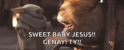 A Baby Yoda Standing Next To A Cat That Says Sweet Baby Jesus ! GIF
