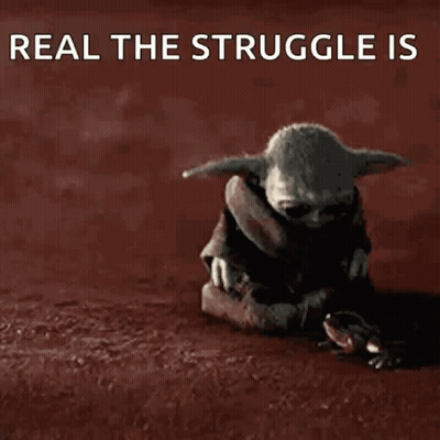 A Baby Yoda Standing Next To A Frog With The Words Real The Struggle Is Written Above Him GIF